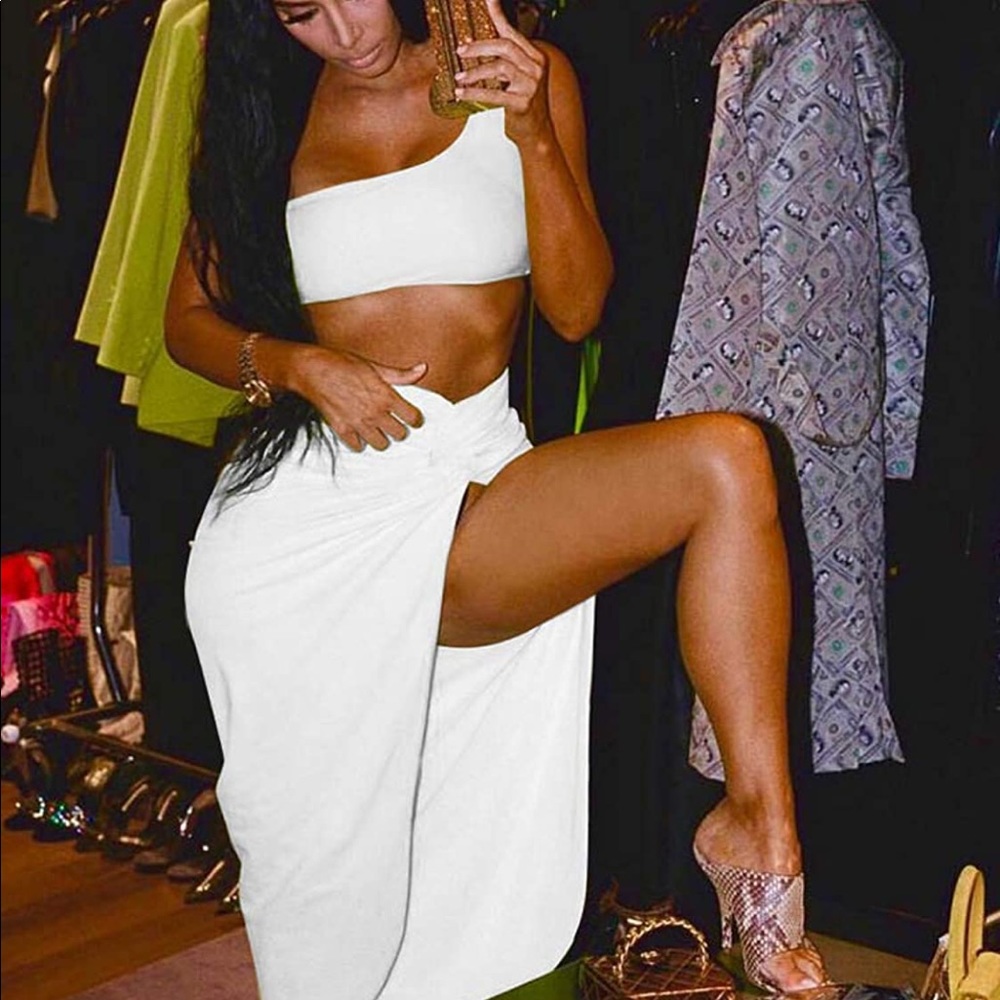 Women's Sexy One Shoulder Long Bodycon Slit Skirt 2 Piece Dress